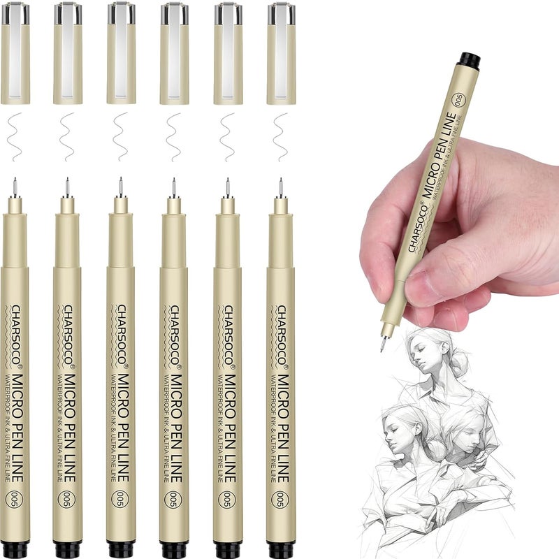 CHARSOCO 005 Micro Pen, 6 Pack Black Fine Point Pen with Waterproof Archival Ink, 0.23mm Fineliner Ink Pens for Artist Illustration, Sketching, Anime, Manga, Technical Drawing and Scrapbooking - Image 1
